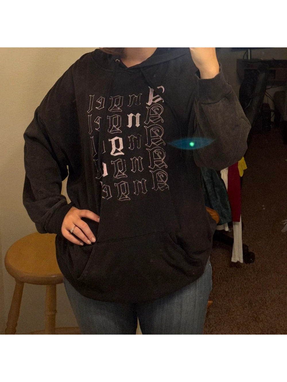 Emo Alternative Black Oversized Hoodie with Angel Repeating